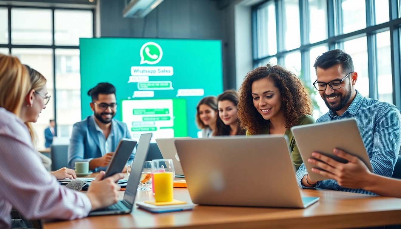 Engaged users enjoying WhatsApp网页版 on their devices in a vibrant office setup.