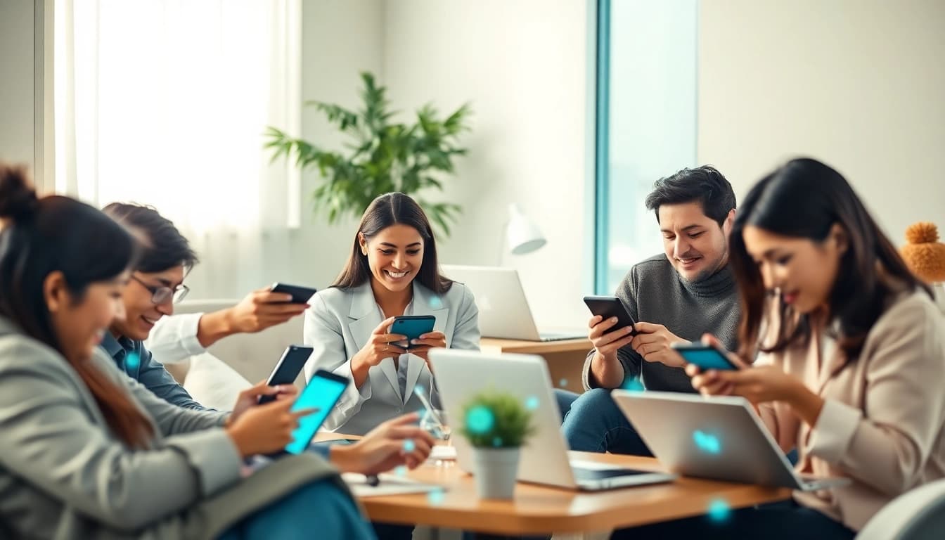 快连官网 offers seamless connectivity in a modern workspace with diverse users on devices.