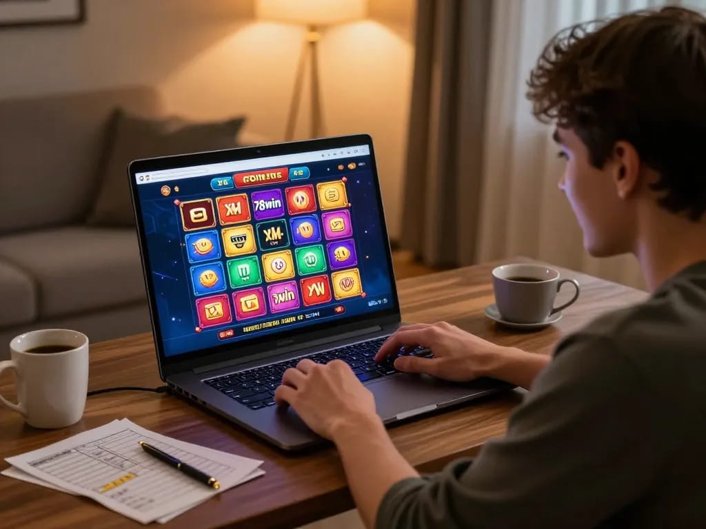 Engaging player using the 78win platform for online casino gaming in a cozy home setup.
