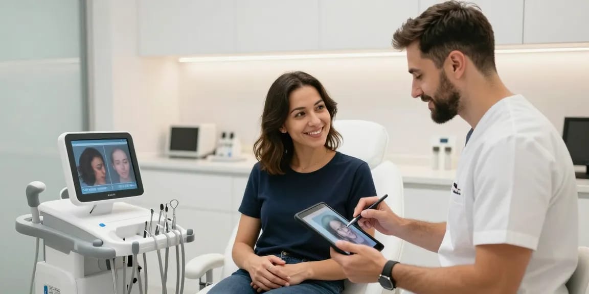 Patient discussing hair transplant turkey options with a doctor in a modern clinic setting.