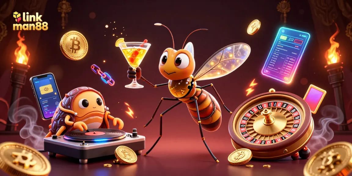 Experience the excitement of link man88 with a dynamic casino scene featuring unique characters and cryptocurrencies.