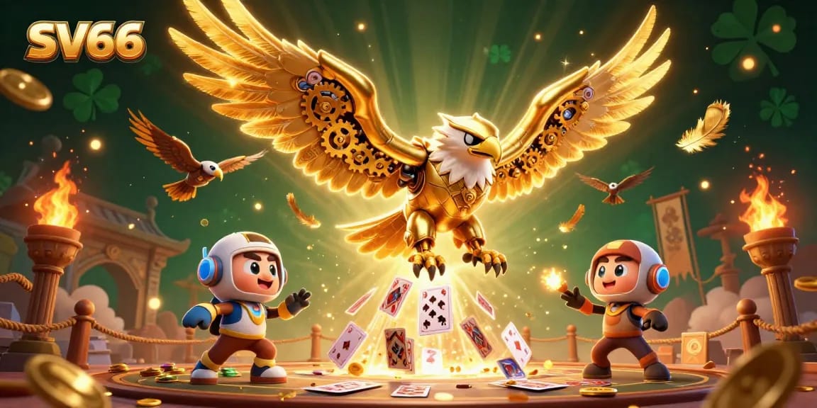 SV66 online casino features a golden eagle diving through holographic playing cards amidst dynamic gaming elements.