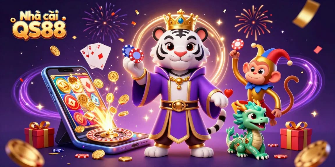 Engage with Nhà cái QS88 through thrilling 3D illustrations of a royal tiger and jester in a vibrant casino scene.