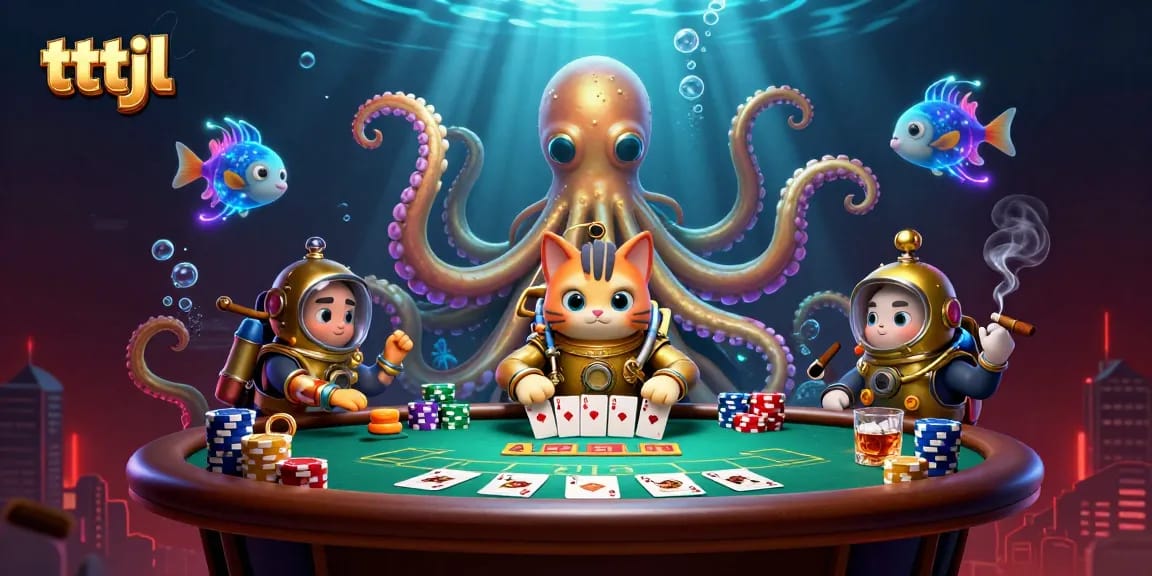 Engage in thrilling poker with tttjl in an underwater adventure featuring a kraken and diving cat.