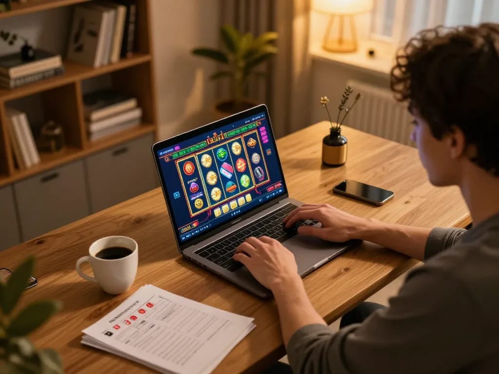 Player enjoying online gambling on their laptop at home, exploring xo88.fam game strategies with coffee.