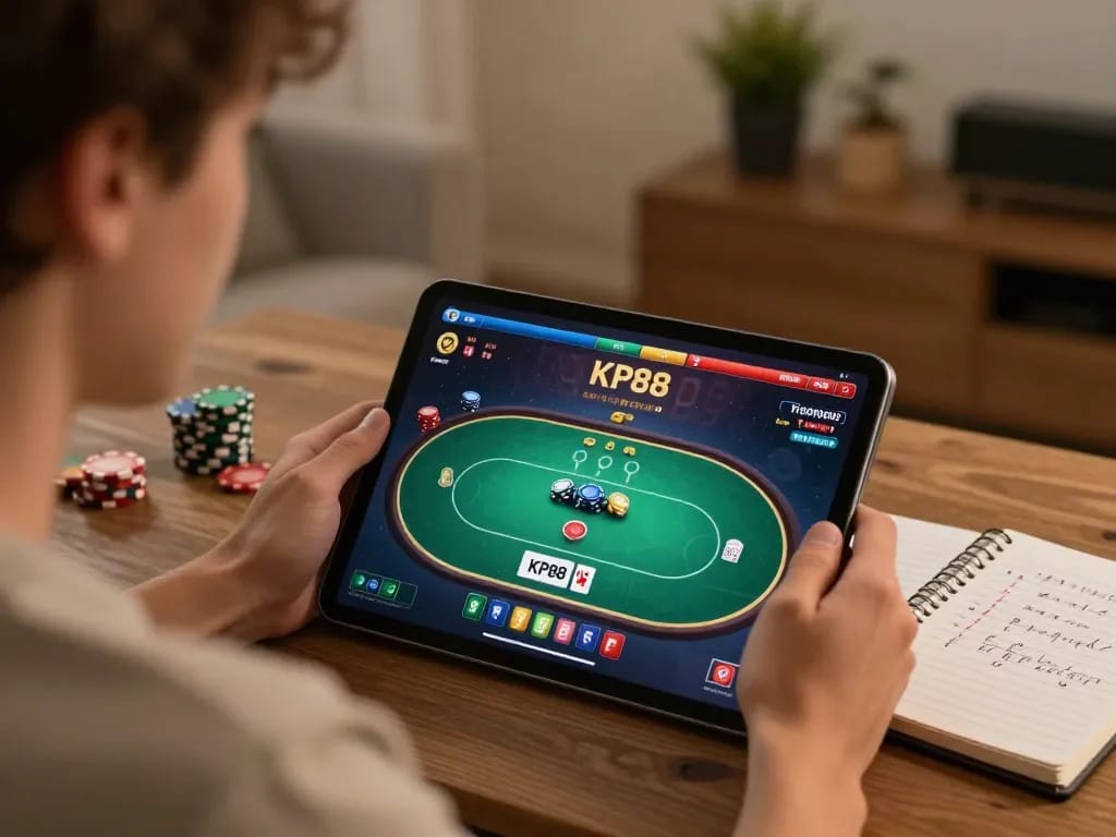 Engaging player strategizing for KP88 poker game on tablet, showcasing responsible gaming atmosphere