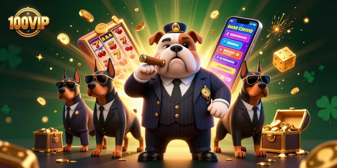 Experience thrilling wins with 100VIP's dynamic casino scene featuring a mafia boss and epic game elements.