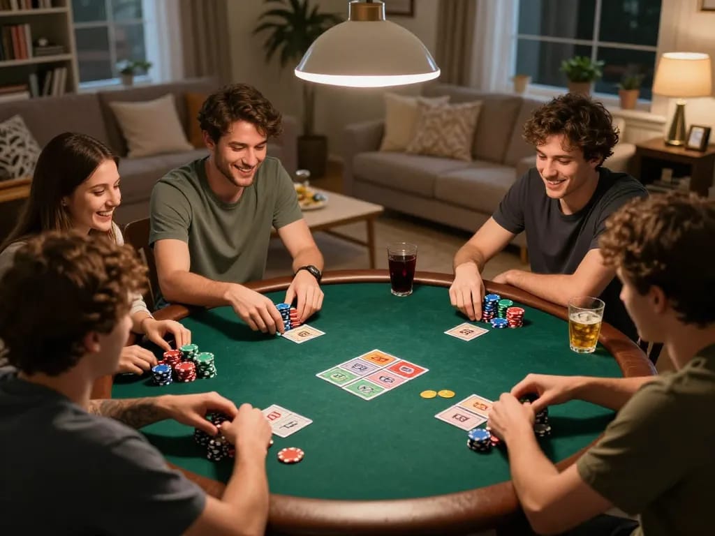 Friends enjoying poker night with cards and chips in hand, showcasing du88 com's social betting atmosphere.