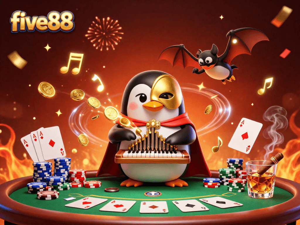 Experience thrilling gameplay at five88 with a lively casino scene featuring a penguin organist showering gold coins.