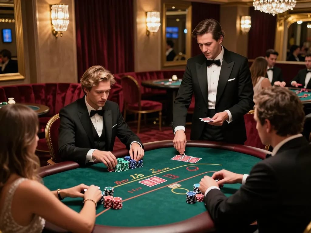High-stakes poker action in a luxurious VIP room at cm88.com, showcasing strategic gameplay among elegantly dressed players.