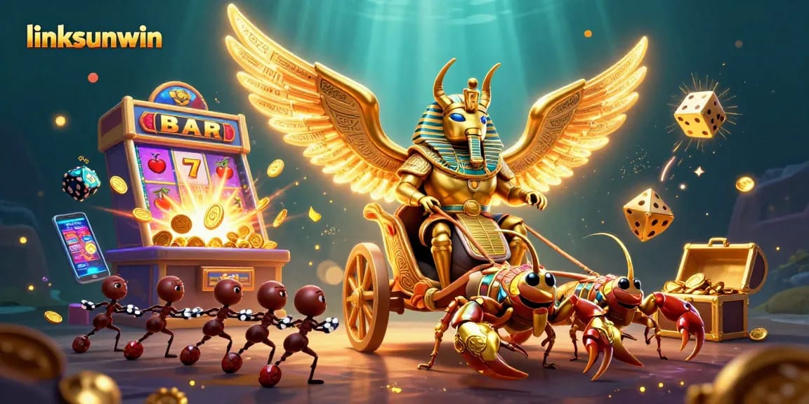 Experience the thrill of linksunwin with a vibrant casino scene featuring a golden scarab beetle.