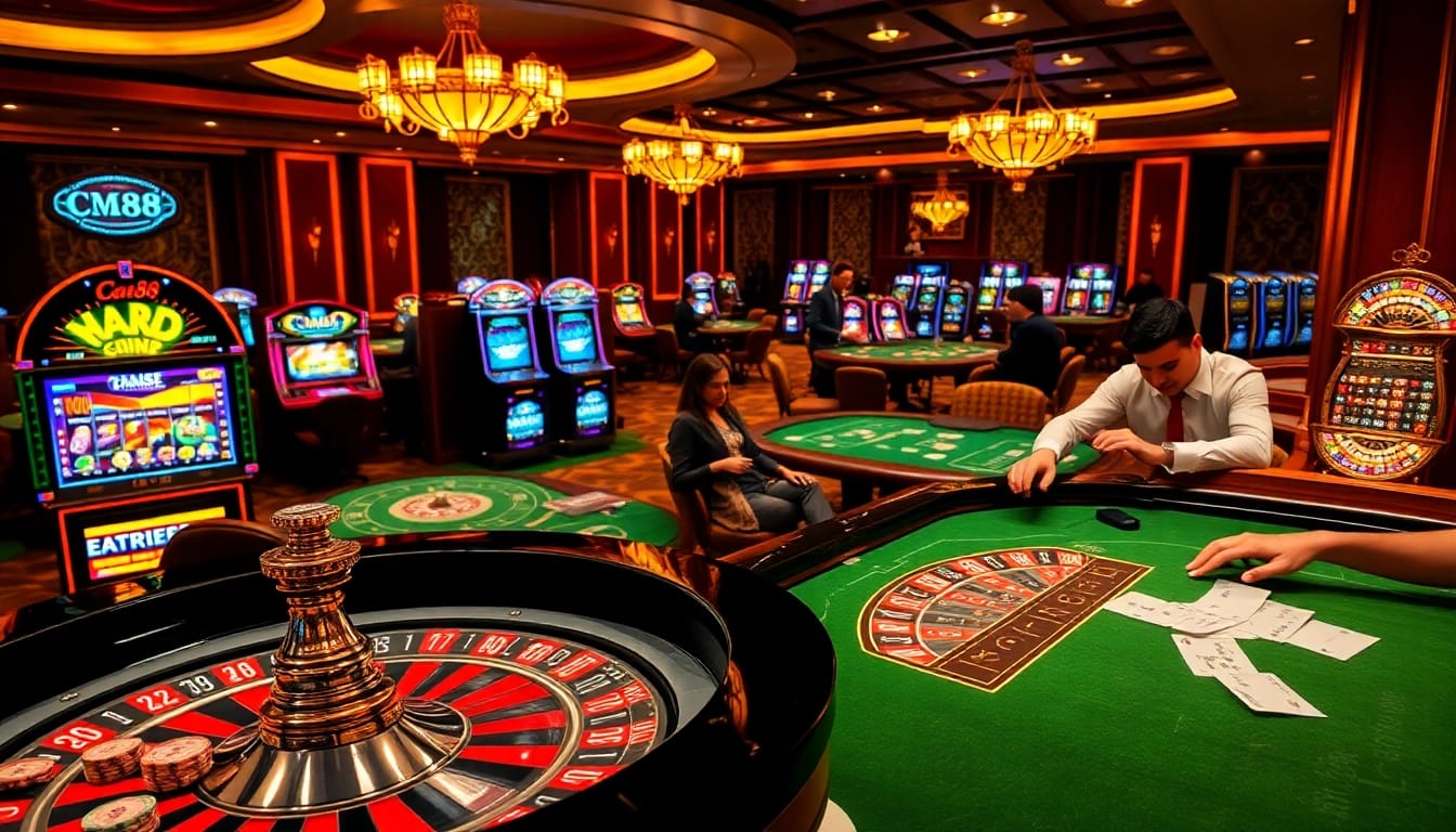 A dynamic casino scene highlighting CM88 nhà cái with players at roulette and poker tables, vibrant slot machines visible.
