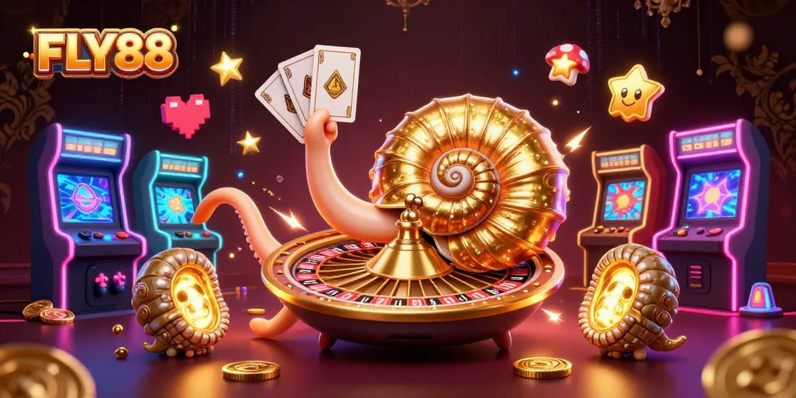 FLY88 engages players with dynamic gambling action, featuring a giant nautilus roulette wheel and glowing game elements.