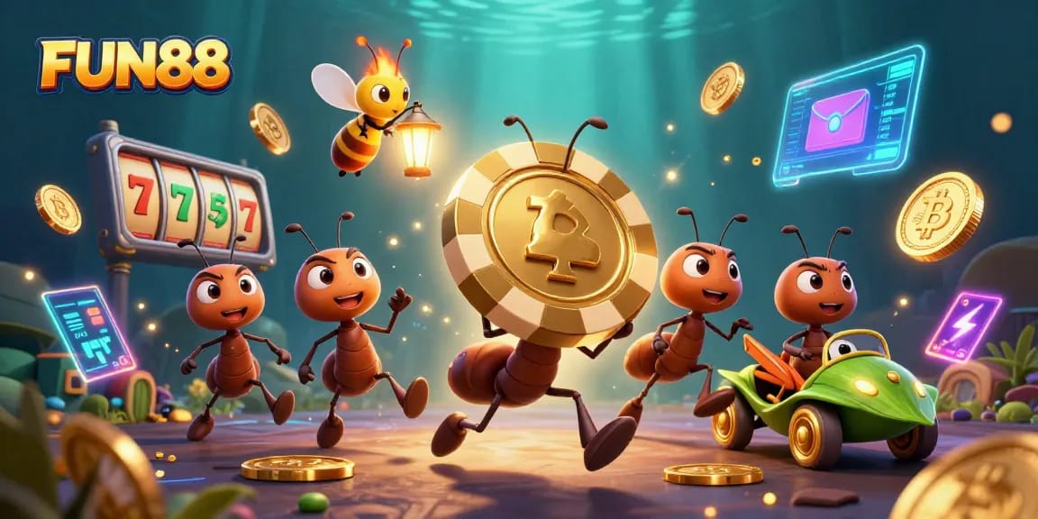 Engage in thrilling slots with FUN88 as ants race with jackpot poker chips through neon-lit crypto tunnels.