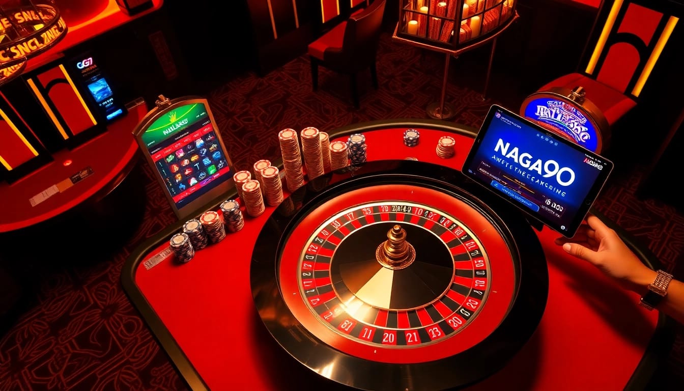 Players enjoying a thrilling game at Naga99 casino, showcasing poker chips and a roulette table.