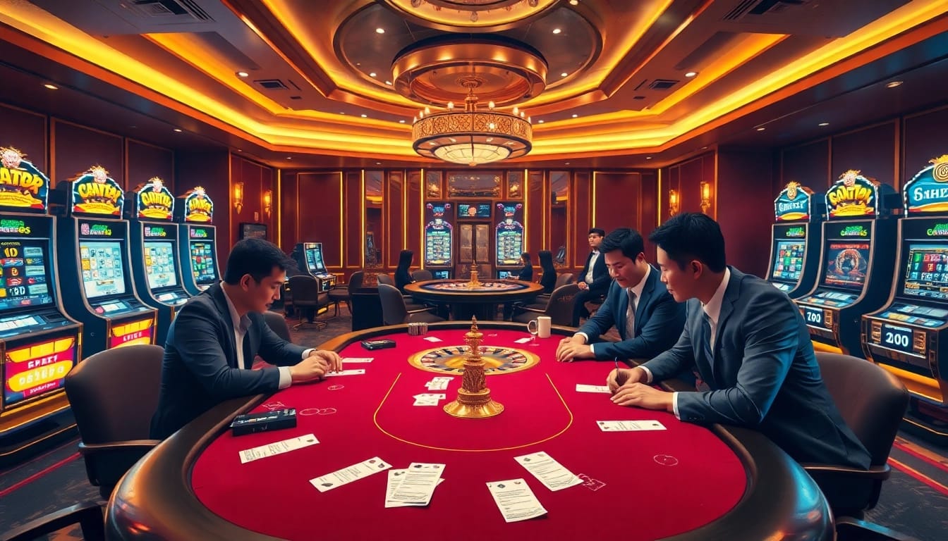 Players engaging in a thrilling poker game at CM88's luxurious casino setting.