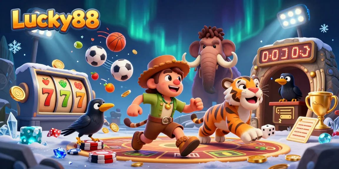 Experience thrilling gameplay with Lucky88, featuring dynamic slot reels and vibrant casino elements.