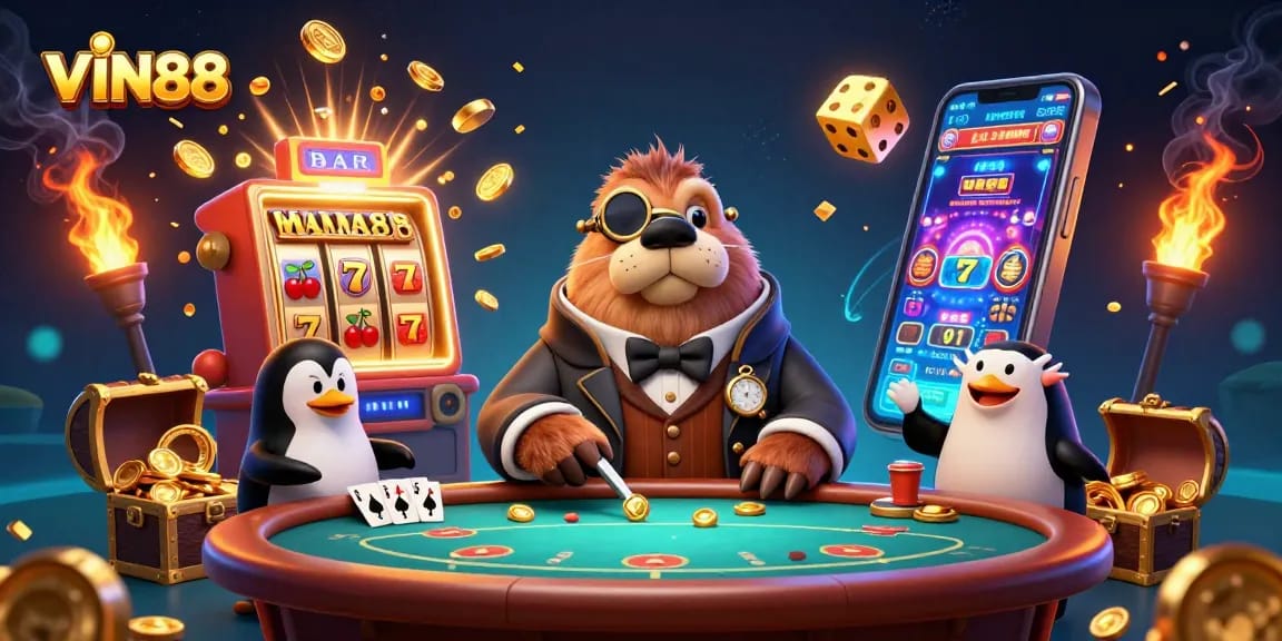 Play exciting games at VIN88 with a cartoon walrus in a casino underwater setting.