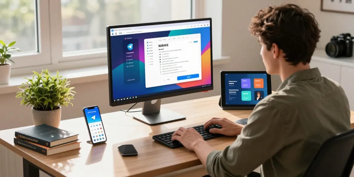 Transform your Telegram Chinese experience in a modern tech workspace.