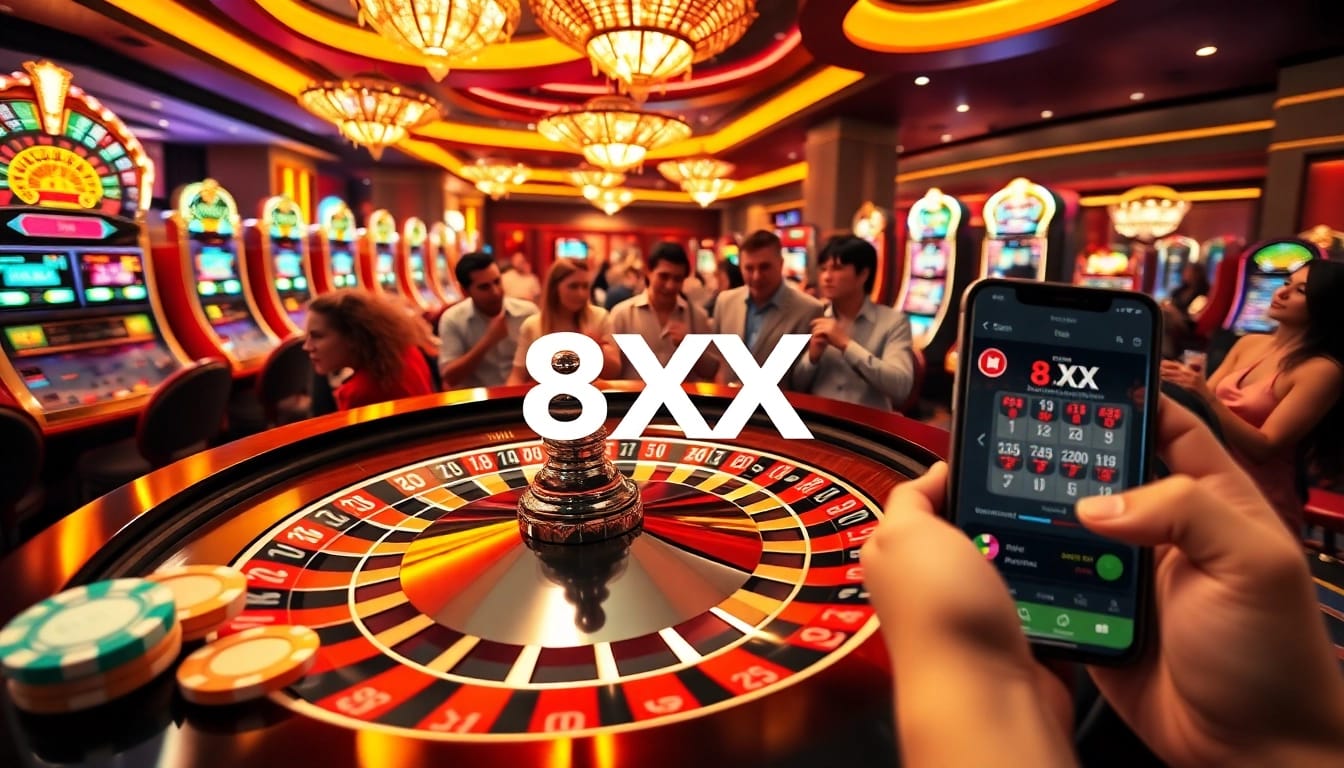Experience thrilling gameplay with 8 XX at a stunning casino featuring roulette tables and vibrant slot machines.