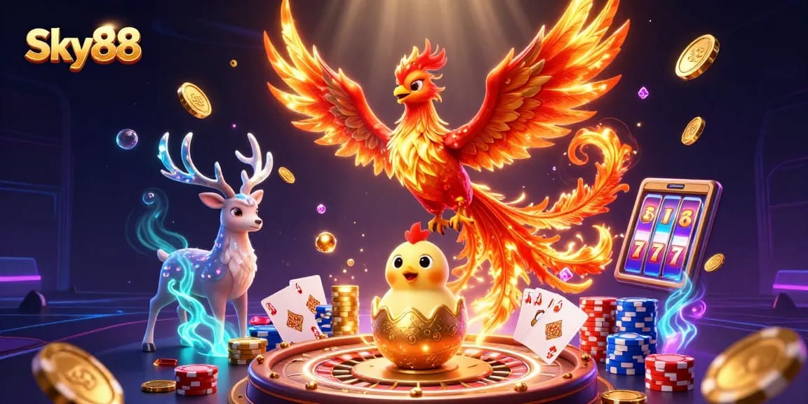 Experience exhilarating gameplay at Sky88 with stunning casino elements and a mesmerizing fire phoenix scene.