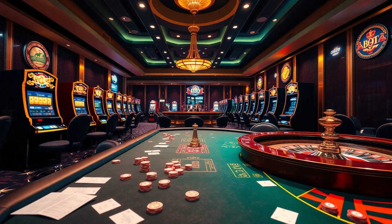 Engage with the vibrant atmosphere of nhà cái bj66 casino featuring poker tables, slot machines, and lively gaming action.