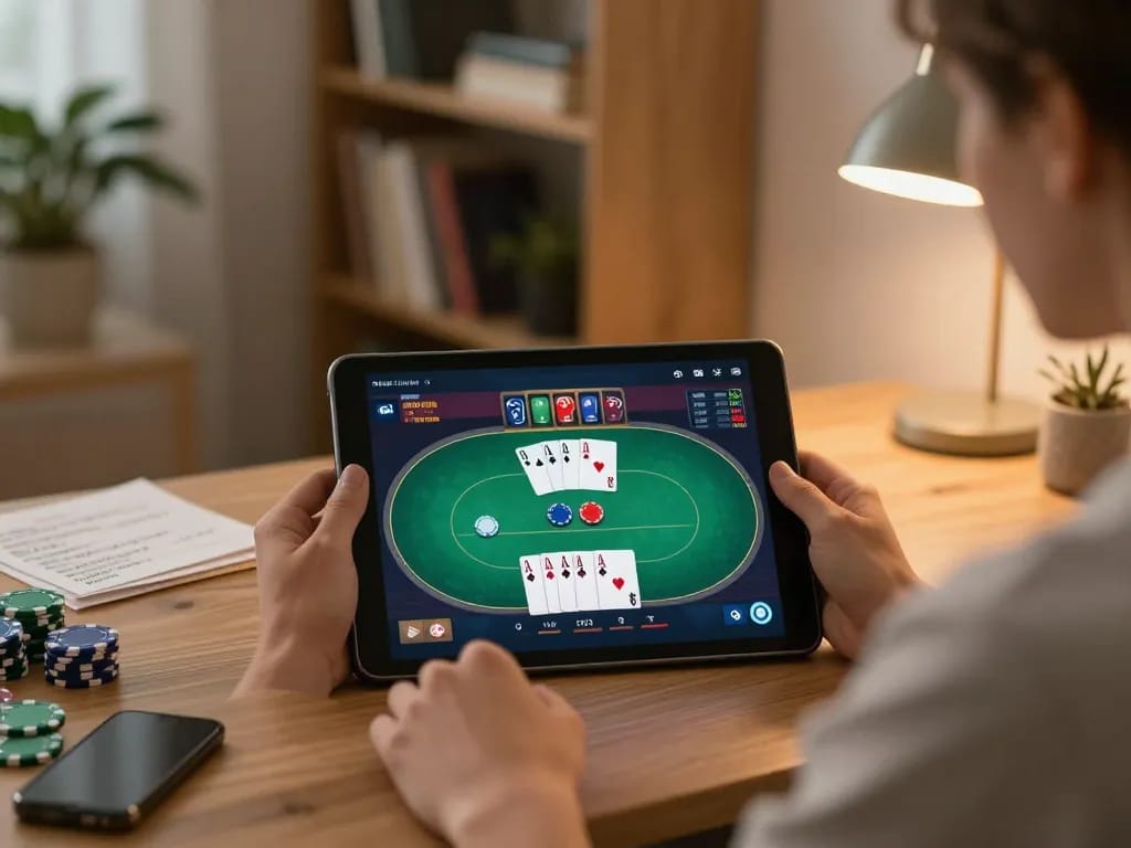 KP88 player enjoying an online poker game at home, showing tablet screen and cozy settings