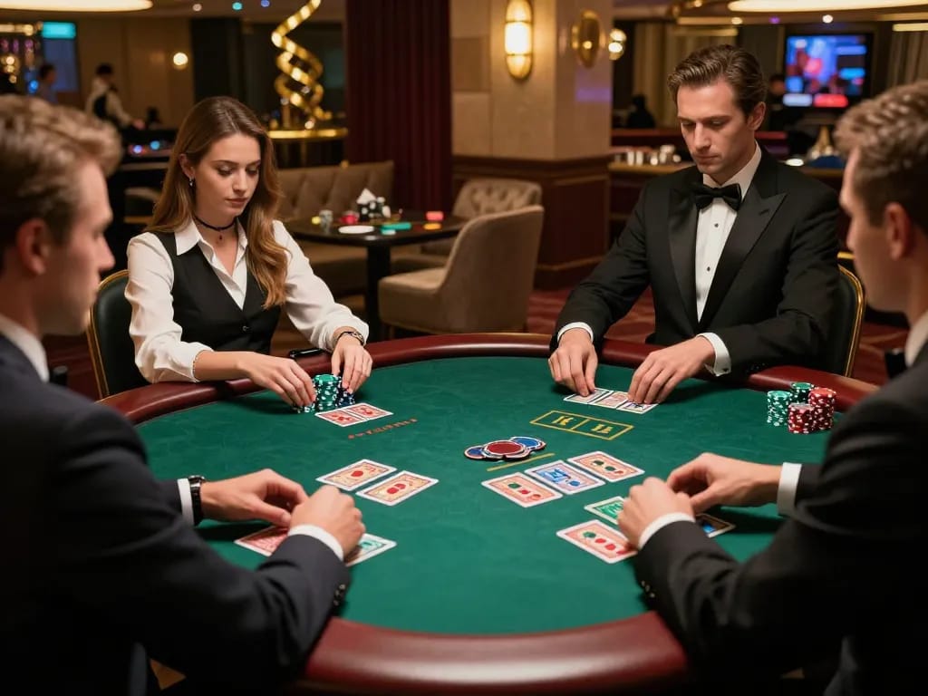 Engaged players strategizing at an RR88 casino blackjack table during an intense gaming session.
