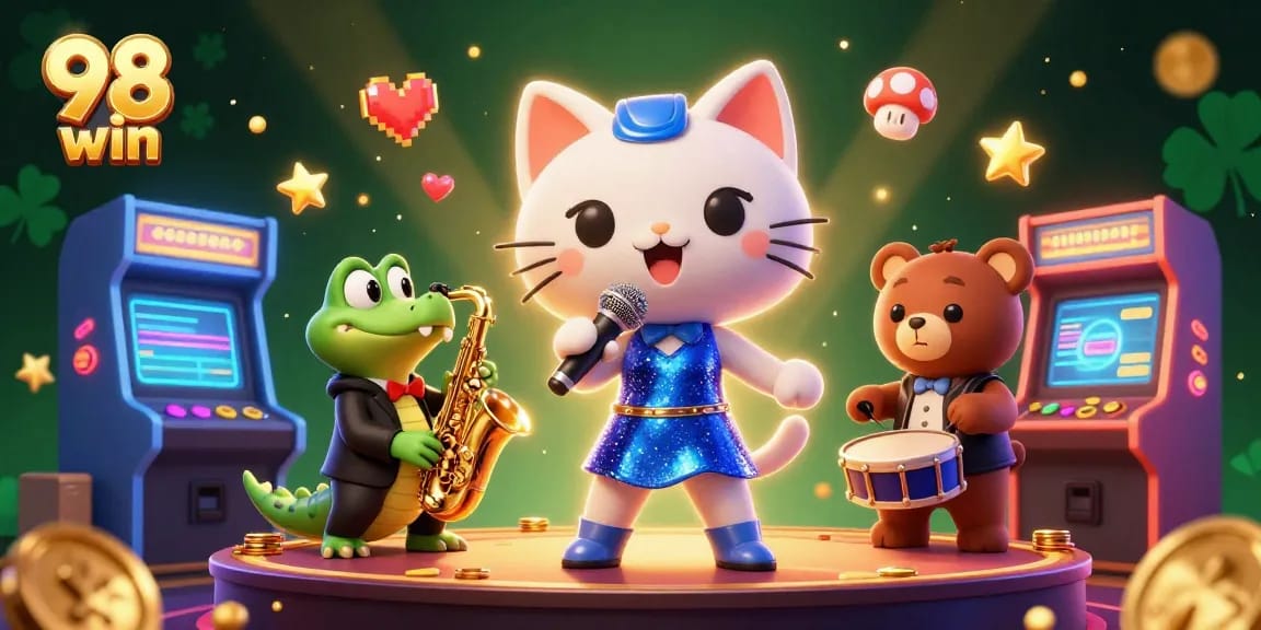 Engage with 98 win at this vibrant casino scene featuring cartoon characters and colorful games.