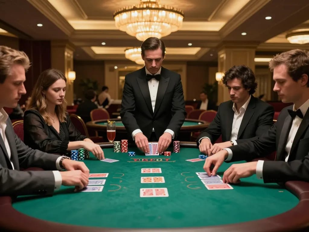 TR88 players enjoying high-stakes blackjack at an upscale casino table with focused dealer action