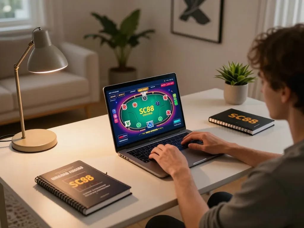 Experience the SC88 online gaming atmosphere with a cozy home setup and strategic gameplay.