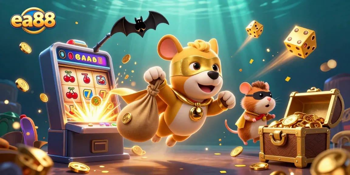 Experience exciting ea88 casino fun with a superhero dog and hamster in a thrilling game-themed scene.