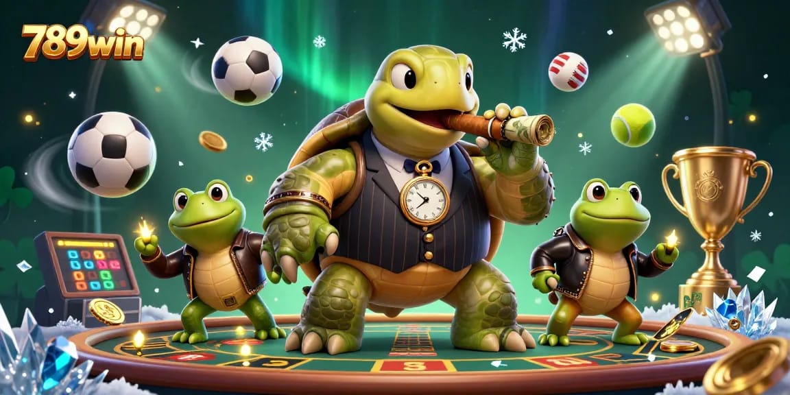 Engage with 789win's immersive sports betting scene featuring animated money-chomping turtle and bullfrog enforcers.