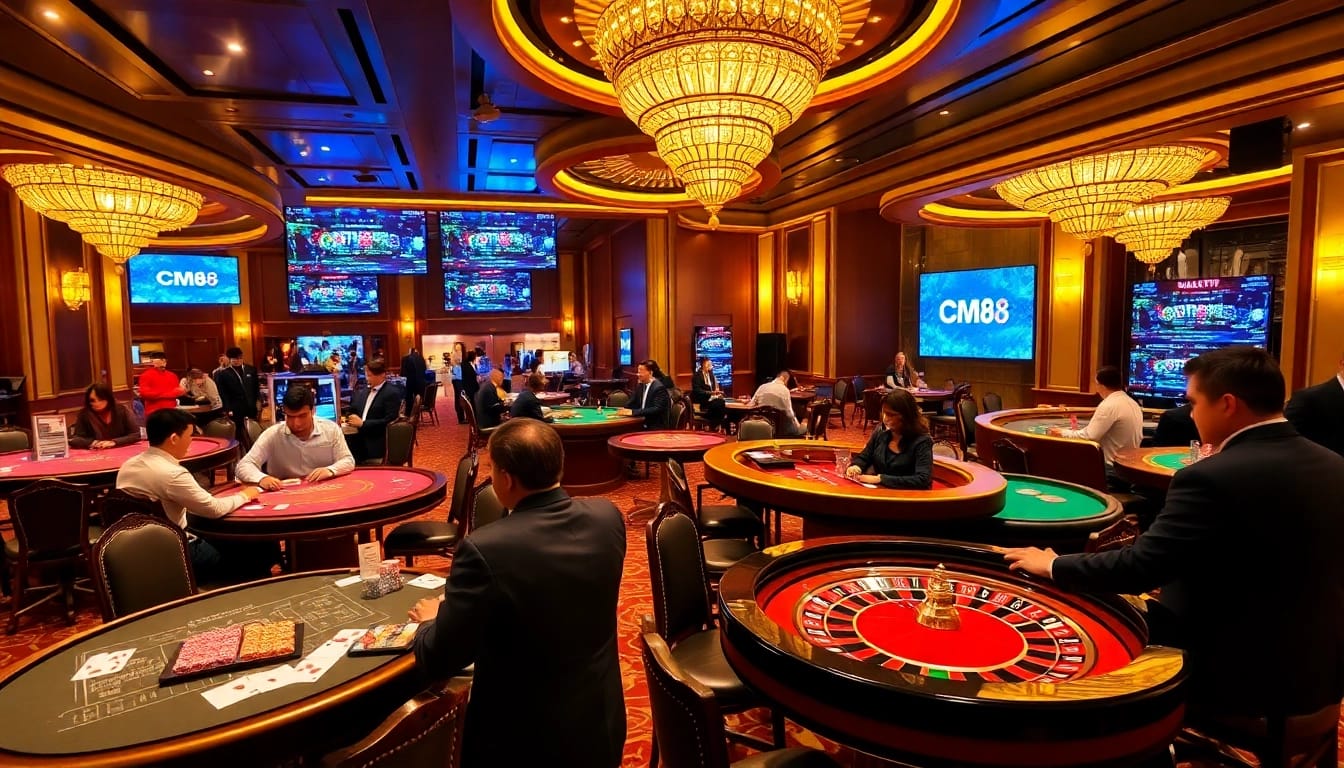 Players enjoying thrilling games at CM88's luxurious casino floor filled with excitement.
