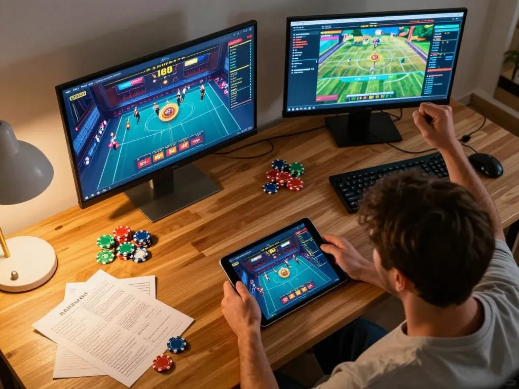 Player enjoying the J188 app on a tablet while celebrating a win in a cozy gaming setup