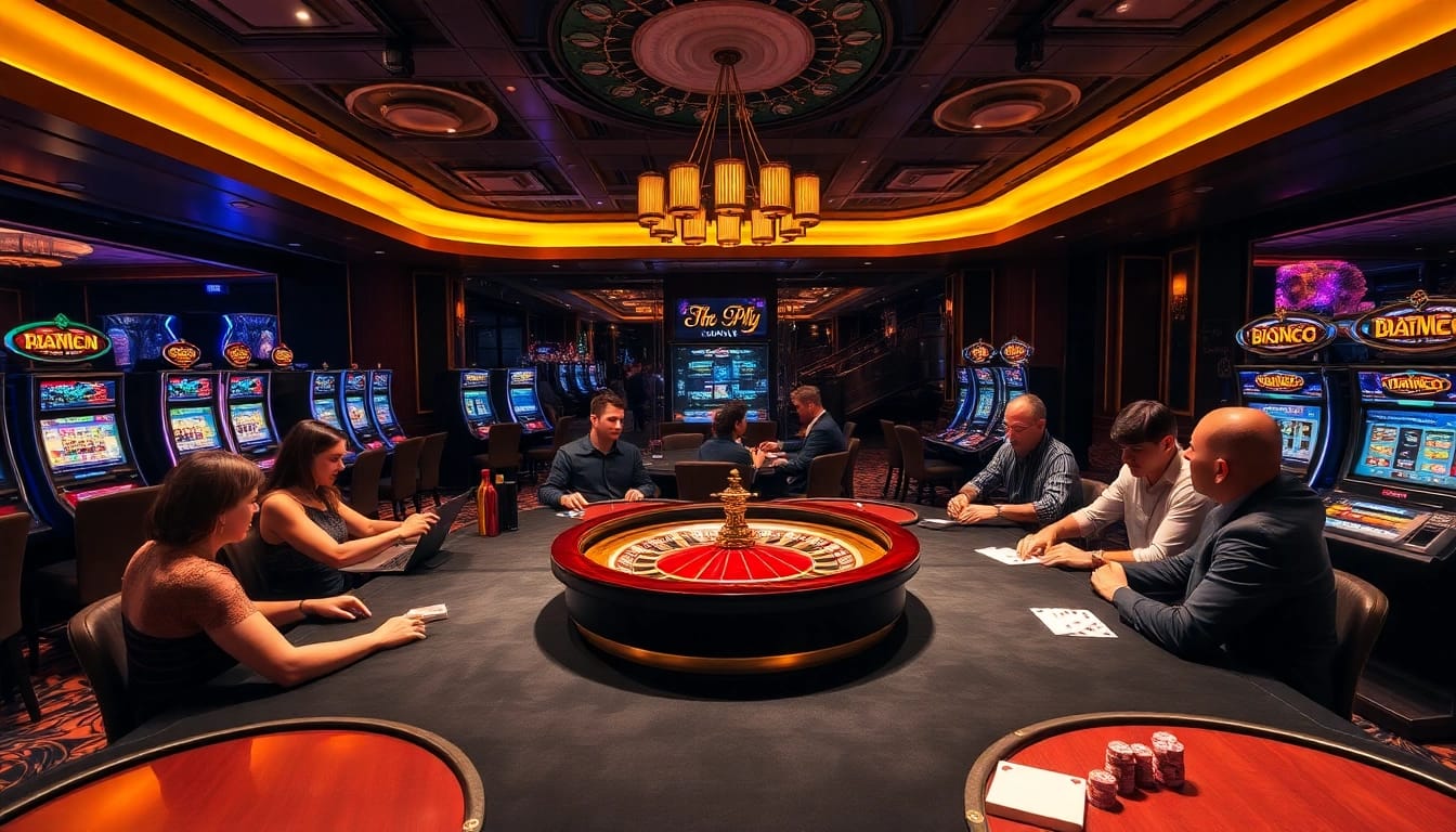 Players enjoying a thrilling game at 9PH casino, showcasing casino tables and vibrant slot machines.