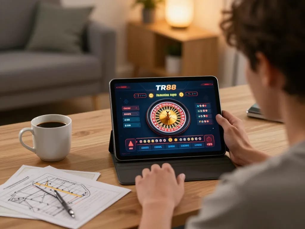 Player engaging with TR88 casino app on tablet, highlighting strategic betting and responsible gaming.