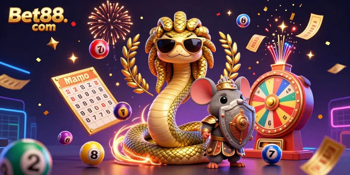 Engage with Bet88. com for exciting gaming experiences featuring Medusa and a warrior mouse amidst vibrant lottery elements.