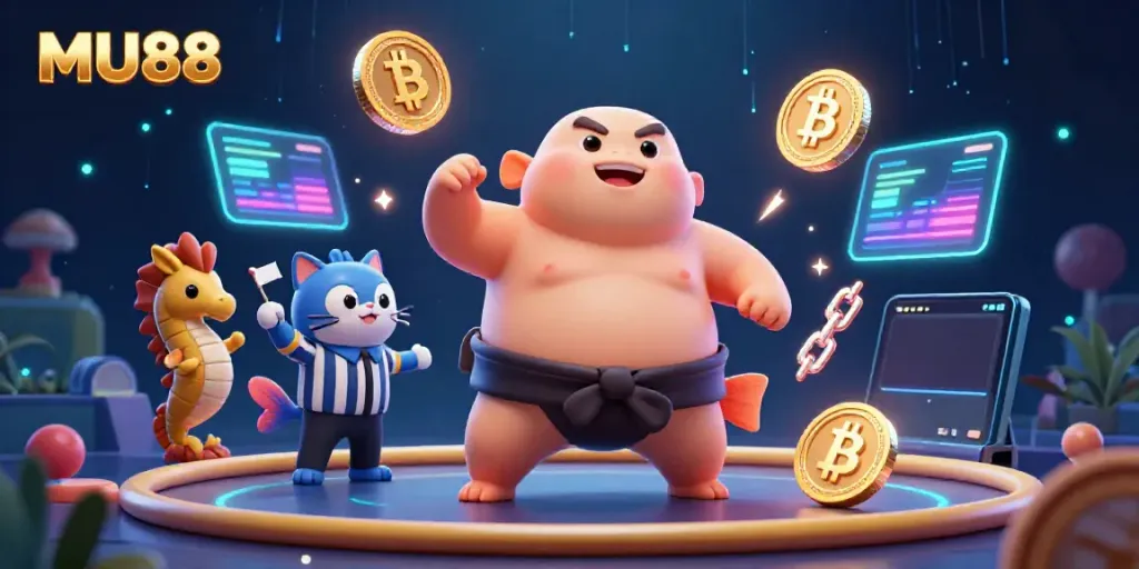 Join the excitement at MU88 with a vibrant underwater casino scene featuring a fugu, catfish referee, and seahorse spectators, surrounded by cryptocurrency elements.