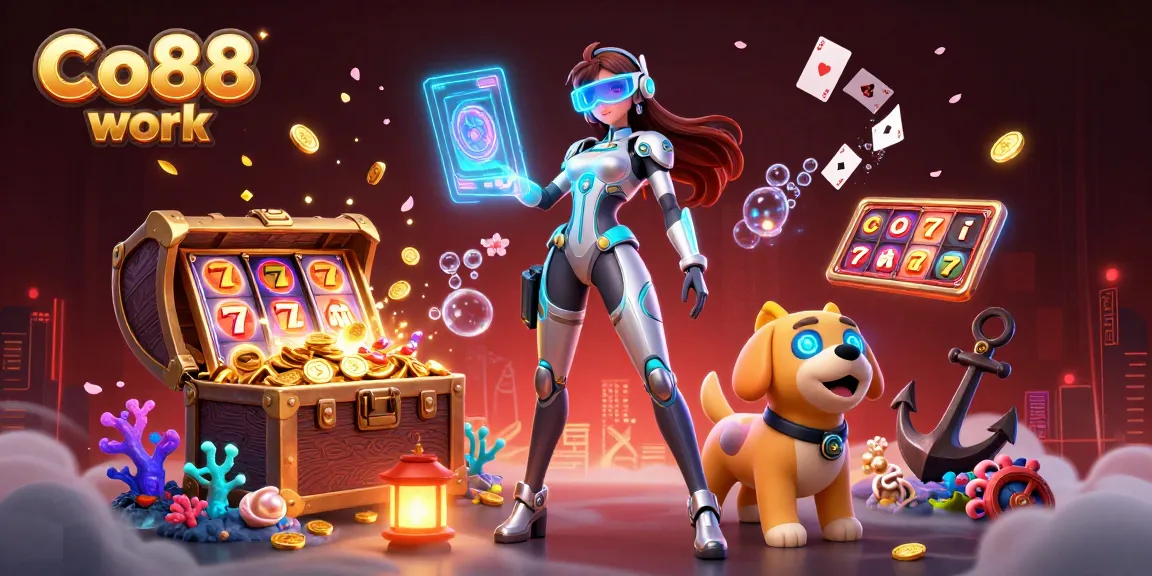 Experience thrilling wins in slots with Co88 work featuring a dynamic futuristic casino scene.