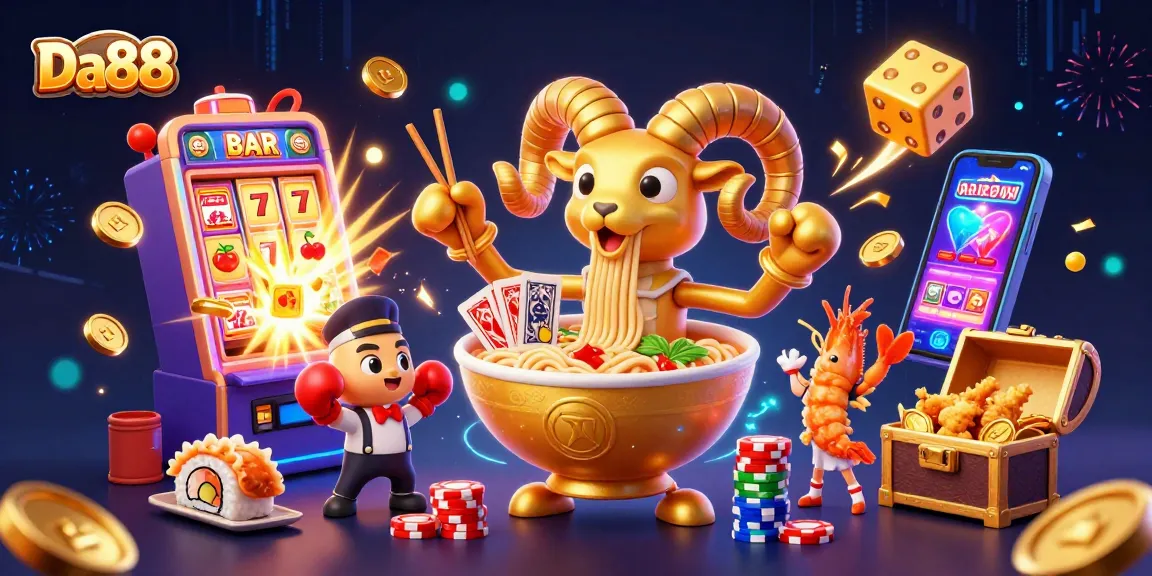 Experience exciting gameplay with Da88, featuring our 3D ramen bowl and vibrant casino elements.
