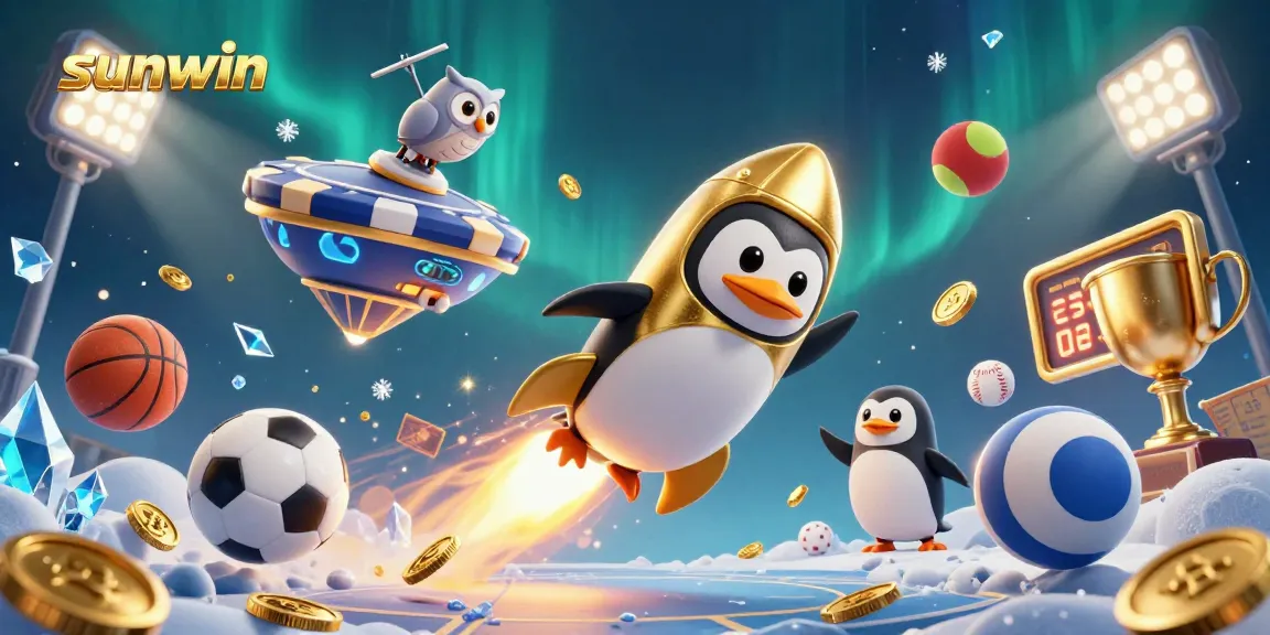 Win spectacularly with sunwin as a golden penguin races through space towards a poker chip casino.