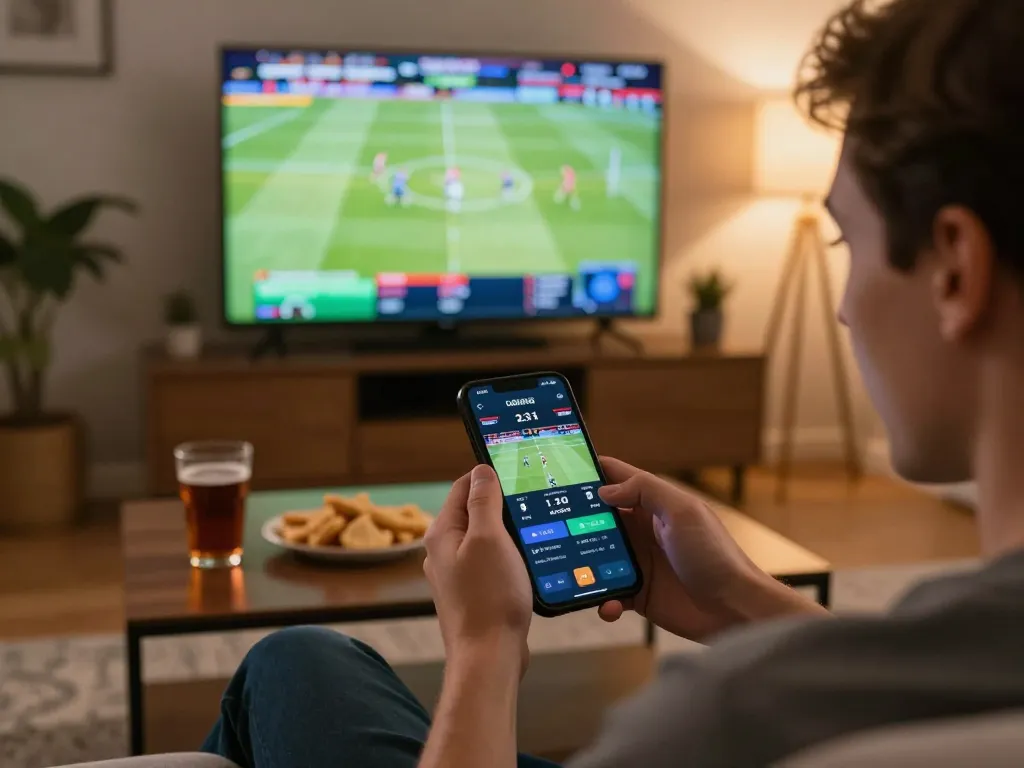 Engaging in online betting action on vin88 com with smartphone, live sports game background
