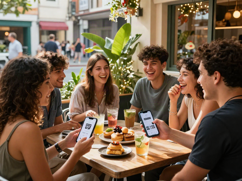 Friends enjoying time at outdoor cafe with rokok88 rtp app on display, vibrant atmosphere.