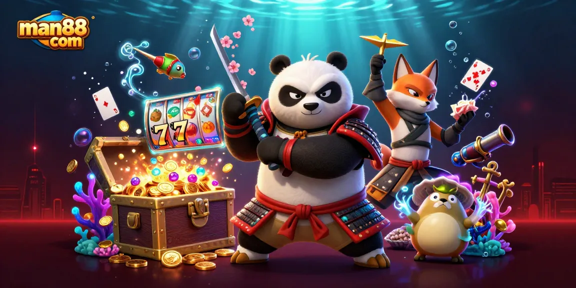 Experience thrilling wins at man88 com with vivid 3D samurai panda and ninja fox promoting exciting casino games.