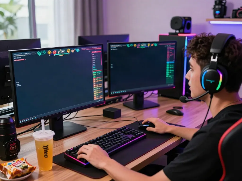 Engaged gamer on FC88 platform with colorful graphics and gaming setup.