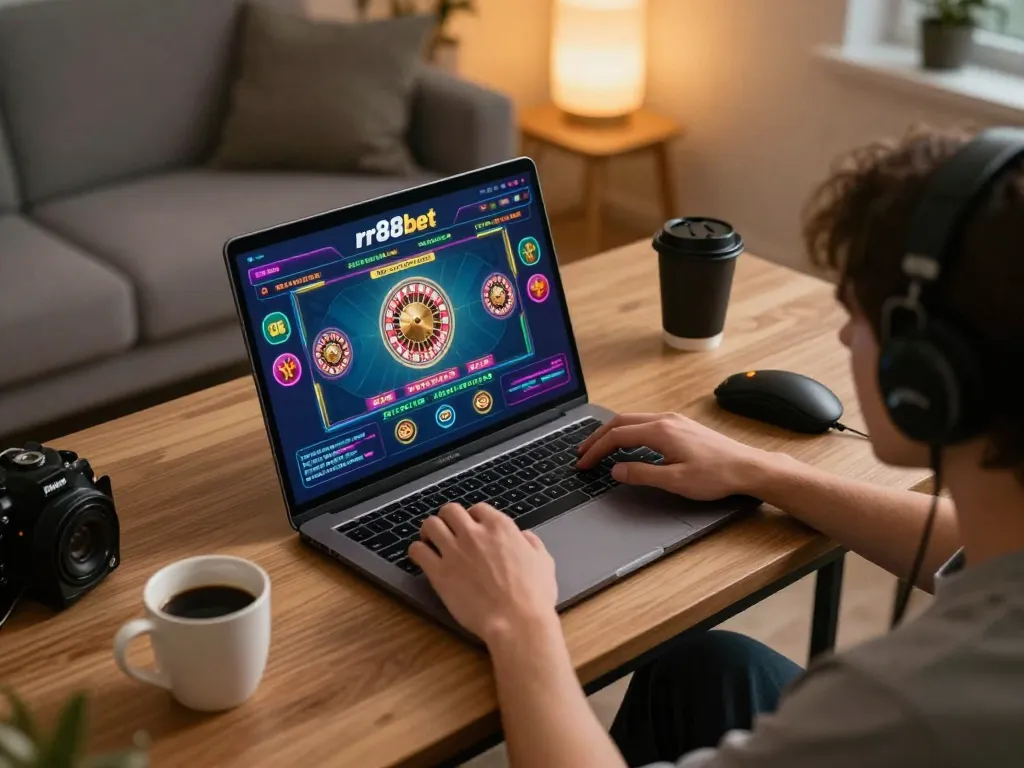 Player enjoying rr88bet on a laptop during a cozy gaming session at home.