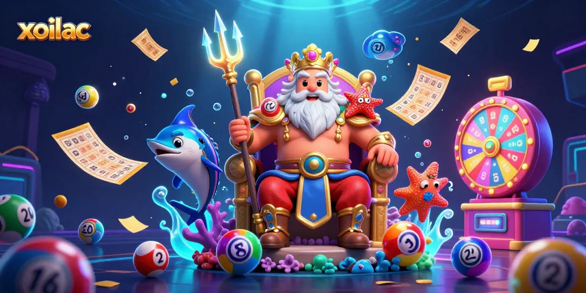 Experience xoilac's thrilling lottery atmosphere with vibrant colorful elements swirling around Neptune.