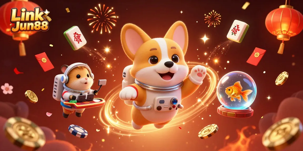 Engage with Link Jun88 at the space casino, featuring a charming astronaut corgi and floating poker chips!