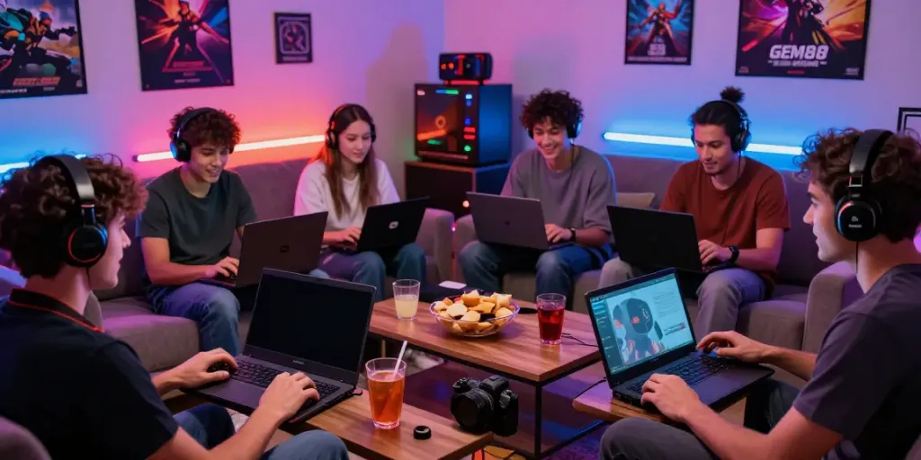 Group of friends enjoying GEM88 online gaming in a cozy living room